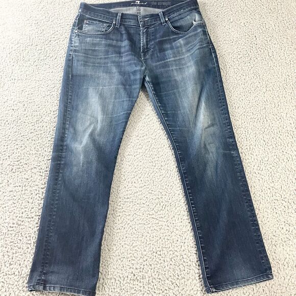 7 For All Mankind The Straight Jeans Mens 34x28 Blue Denim Distressed Casual - Picture 1 of 8